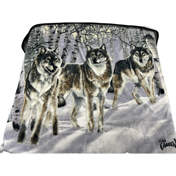 Vintage AL AGNEL Wolf pack 3 winter forest birch 58x48 throw blanket fleece - Picture 1 of 3